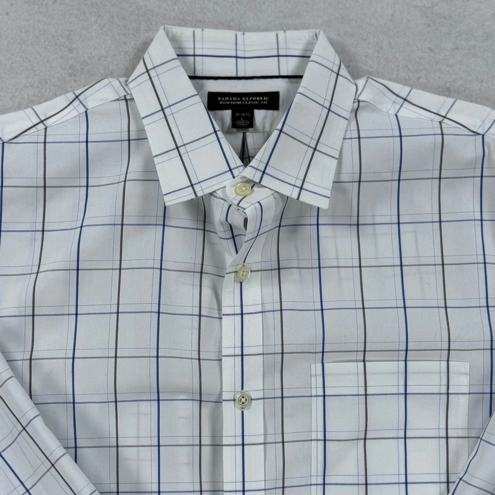 Banana Republic Mens Non-Iron Classic Fit Windowpane Dress Shirt White Blue L